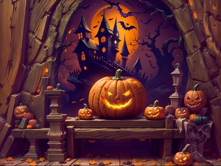 (tmasterpiece),（ultra - detailed：1.3），best qualtiy，（glittery:1.2），（Fantasy Halloween world:1.4），(Halloween in Van Gogh style: 1.5),（Remaining months），(((Delicious sweets，Lovely wizard，Pumpkin monsters，mummy，super heroes, and other Halloween decorations，Hal...