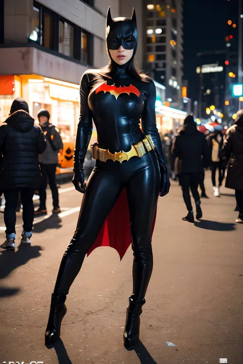 full body shot wide angled view, looking at the viewer, batman as a mature bimbo on the crowded street of halloween night, actio...