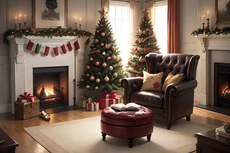 Front view Full Christmas tree, armchair and fireplace, real photograph, super realistic rendering, Renderizado realista, 8k, --v6