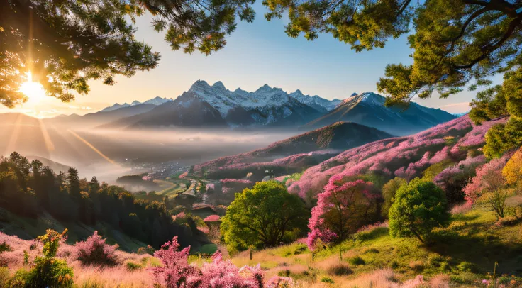 (Best Quality,4k,8K,hight resolution,Masterpiece:1.2),Ultra-detailed,(Realistic,Photorealistic,photo-realistic:1.37),early morning,
Rising Sunlight, Cherry blossoms in snow-capped mountains, Illustrations,
crisp details, peaceful atmosphere, tranquility, s...