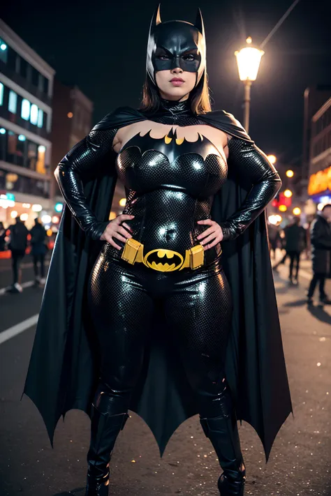 full body shot wide angled view, looking at the viewer, batman as a mature bimbo on the crowded street of halloween night, actio...