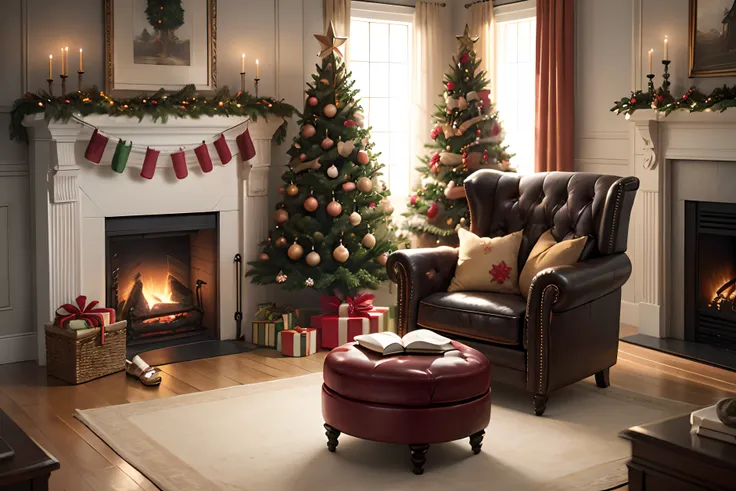 Front view Full Christmas tree, armchair and fireplace, real photograph, super realistic rendering, Renderizado realista, 8k, --v6