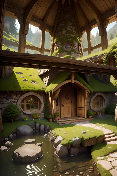 Masterpiece, top quality, best quality, official art, beautiful and aesthetic:1.2, extreme detailed, (fractal art:1.3) Embrace the rustic charm of the Hobbit-Style Burrow, nestled into a grassy hillside. Its cozy and earthy interiors radiate comfort, remin...