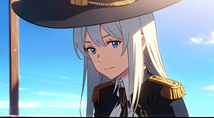 masterpiece, (1girl), (mature lady), (Solo), Really long hair, white hair, light blue eyes, (commander epaulettes black dress), (general hat), outdoors, blue sky SHINKAI MAKOTO, close up view, look at viewer