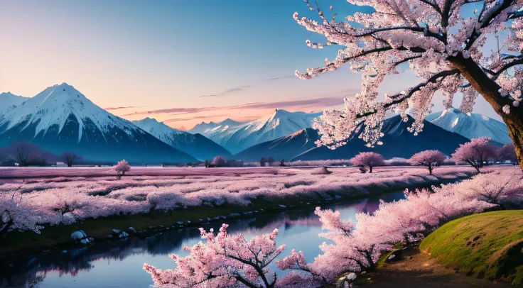 early morning, The Light of the Rising Sun, Cherry blossoms in snow-capped mountains