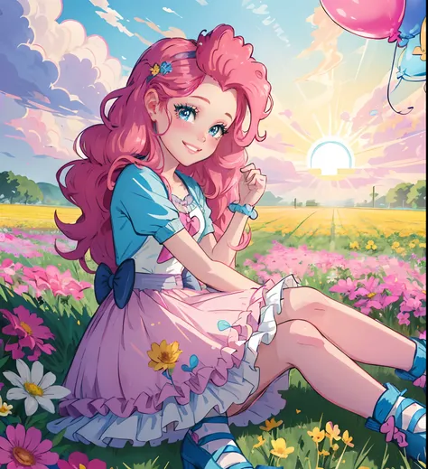 My little pony pinkie pie, pinkie pie, pinkie pie in the form of a girl, long dark pink hair, blue eyes, long pink and blue frilly dress, white frilly thigh high, small pink heels, blue sky, pink clouds, sitting in a pink and blue flower field, staring at ...