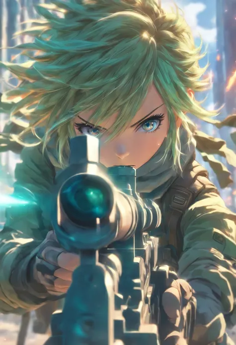 Illustration a female shooting with a sniper rifle, short cyan hair, Sinon from Sword Art Online