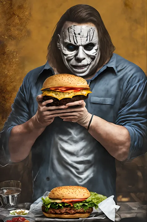 Hyper realistic Michael myers eating a burger