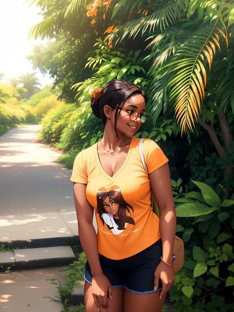 there is a 21 year old woman standing in front of a bush, beautiful surroundings, wearing an orange t-shirt, photo taken in 2023, illustration!, lush surroundings, slightly realistic, beautiful sunny day, in the sun, young woman from Fiji, light brown skin...