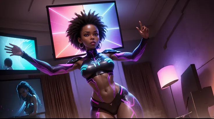 Oblique angle shot of a Black woman wearing neon lit African designed clothes and standing on a wet surface in a room with large flat screen TVs on the walls, dark room with only the Flat screen TVs lighting the scene, with iridescent light, photorealistic...