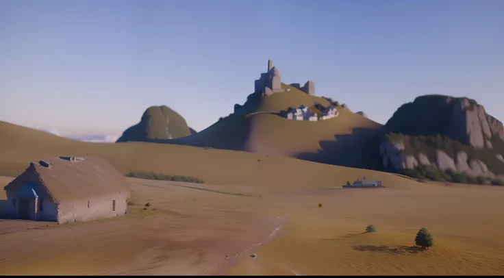 Theres a little house on a hill with a cloud in the sky, renderizado no motor arnold, renderizado em 32k huhd, terreno altamente detalhado, 8K landscape rendering, renderizado em Arnold, renderizado em rtx, 8k octanas renderizadas, renderizado com liquidif...