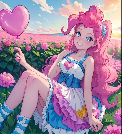 my little pony pinkie pie, pinkie pie, pinkie pie in the form of a girl, long dark pink hair, blue eyes, long pink and blue fril...