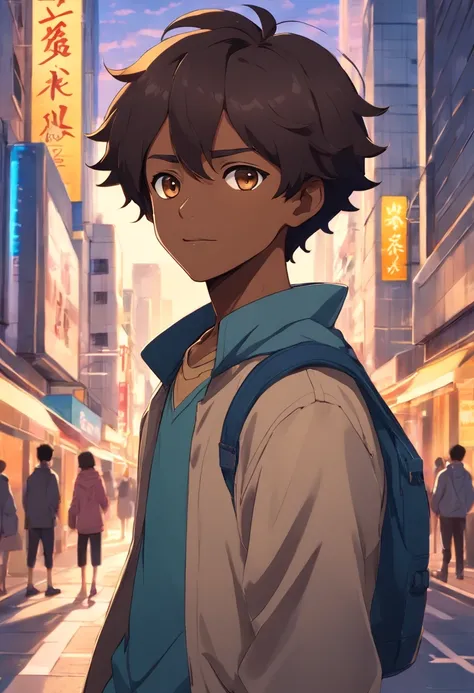 A black boy, transformed into an anime style, with exaggerated unique facial features and clothing, light brown eyes and dark curly hair, standing on a bustling city street, backlit background highlighting the subject, high-contrast colors, 4K high-definit...