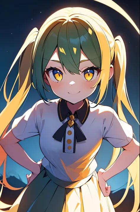 1girl. yellow hair.long hair.twintails.short stature. small breast.white t-shirts.skirt. (((masterpiece))).(((best quality))).)((ultra-detailed))).(((illustration))). (((put your hands on your hips))).(((night view))).look from above.smile.