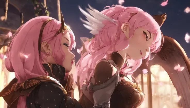 two anime girls with pink hair with wings with leather skirts with nipples waisted licking pussy