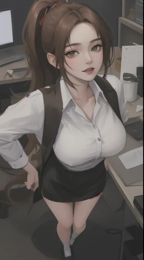 masterpiece, best quality, highest quality, perfect anatomy, highres, ultra-detailed, 8k wallpaper, texture, detail, unique, HDR, extremely detailed CG, Azuma Hisato, 1 girl, Solo, full body, standing, ponytail, brown_hair, Bangs, brown_eyes, 20yo, mature ...