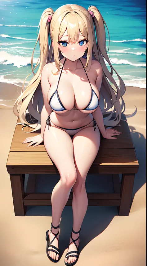 ((Best Quality)), (ultra-detailliert), ((Extremely detailed)), (Beautiful), ((Kawaii Girl)),(two side up hair)、((masutepiece)),Platinum Blonde Hair,Long hair, hair between eye, Wavy Hair, Long sideburns,Jade colored eyes, White skin,Normal Chest,Slender bo...