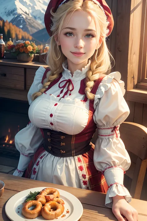 (best quality,4k,8k,highres,masterpiece:1.2),ultra-detailed,(realistic,photorealistic,photo-realistic:1.37),portrait,detailed facial features,27-year-old girl,oktoberfest clothes,blonde hair with braids,cozy chalet,traditional beer festival attire,smiling ...