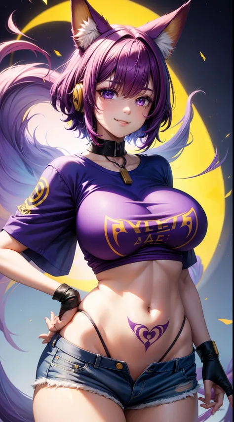 young girl, Short purple hair with yellow ends, fox ears, eyes with blue color, Smile, open belly, purple T-shirt, Huge-breasts, red tattoos, Shorts, Masterpiece, hiquality, 4k, HD, Good detail