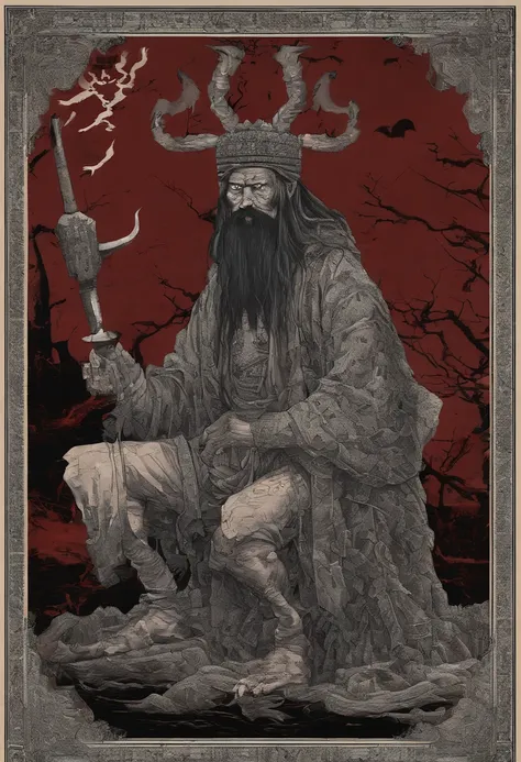 China-style，shaman，red tint，A man wears a shamans crown，In his left hand, he holds a donkeys skin drum，Beat the drum whip with the right hand，Broken clothes，kneels on the ground，The background is a Chinese style gossip map