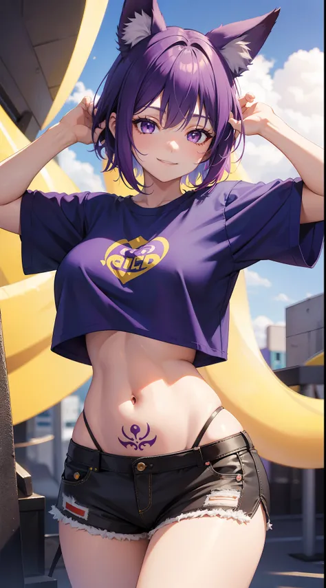 young girl, Short purple hair with yellow tips, Fox ears, eyes with blue color, Smile, open belly, Purple T-shirt, Huge-breasts, red tattoos, Shorts, Masterpiece, hiquality, 4k, HD, Good detail