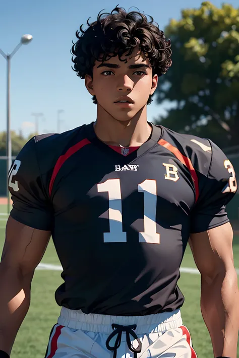 Teenage boy around the age of 18 with medium brown skin and short curly black hair with the body build of a football player