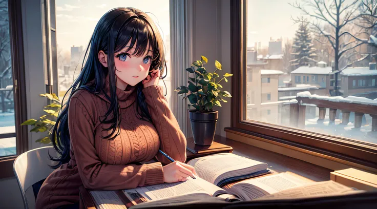 (masterpiece), best quality, expressive eyes, perfect face, lofi studying girl, big breasts, study pose, calm winter day outside window, cozy interior, vibrant colors, full body