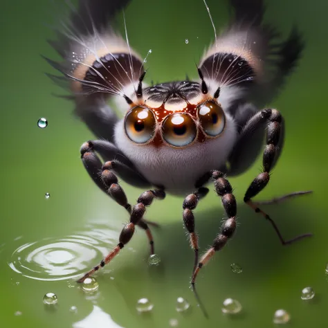 Jumping spider with water droplet on head but chimps are fighting inside the water droplet