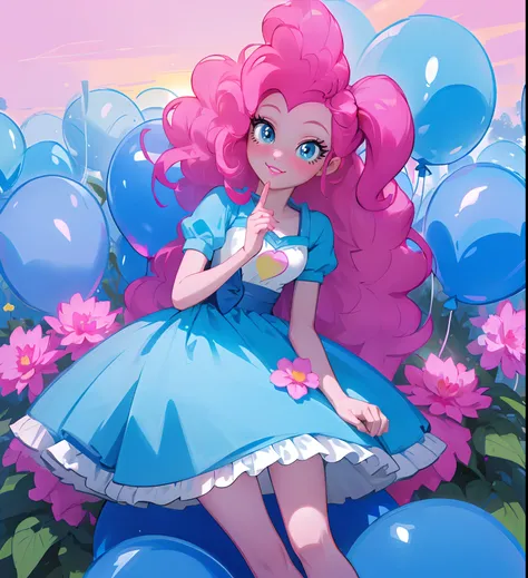 my little pony pinkie pie, pinkie pie, pinkie pie in the form of a girl, long dark pink hair, blue eyes, long pink and blue fril...