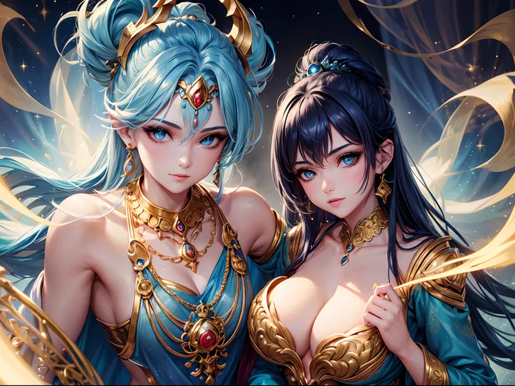 "(best quality, highres, ultra-detailed), ornate gold genie lamp, emitting blue smoke, beautiful female genie, detailed face and eyes, flowing blue outfit, ethereal appearance, magical aura, sparkling golden jewelry, mystical background, artistic portrait ...