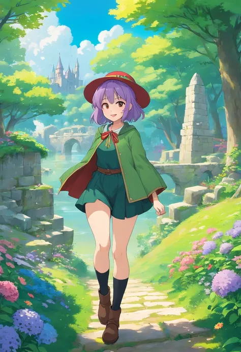 best quality, (masterpiece:1.2), illustration, absurdres,  (1girl, solo), (beautiful detailed girl),, Aeolia, lilac hair, long hair, red eyes, medium breasts,, happy, cheerful,, green hat, hat with feather ornament, green dress, green coat, (fantasy:1.1) (...