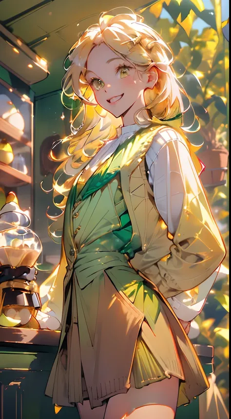 highres, ultra detailed, 1girl, solo, extremely detailed eyes, (Gold colored hair:1.5) , (straight waist-length gold hair:1.5) ,(Anti-flash white-colored eyes:1.5) , ulzzang , she is wearing a ((Viridian colored waistcoat outside:1.5)) , she wearing a ((  ...