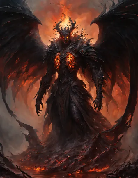 from the blackened heart of the cursed wood emerges the harbinger of the obsidian maw. bathed in a sanguine glow, his wings, tat...