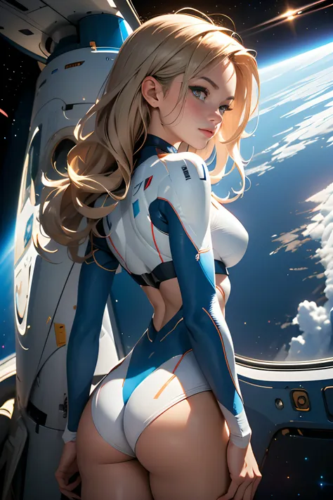 rear view, backside view, turning away, sandy hair, eyes are blue, fit body large breasts slender thighs slender waist pilot suit solo looking away from viewer, in space, long hair, blushing, determination, 8k, extreme detail,