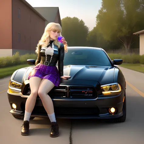 Goldilocks drinking lean by herself infront of dodge charger