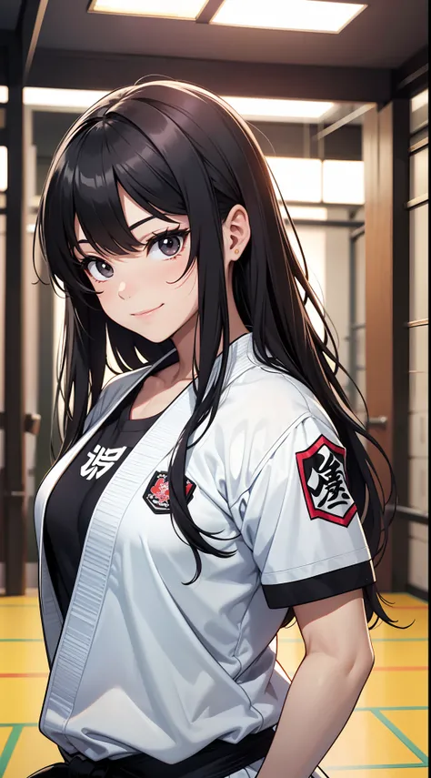 dojo (A hall used for martial arts practice)、Uniforms to wear in martial arts (judo, KENDOU, etc.)、1girl in, Solo, Cute, kawaii、dynamic ungle, Long Black Hair, Black eyes, Open chest, Smile, masutepiece, hightquality