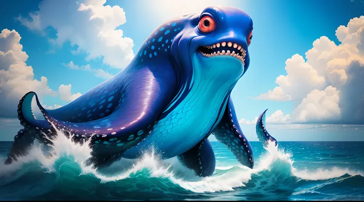 A giant menacing blue octopus is the ocean