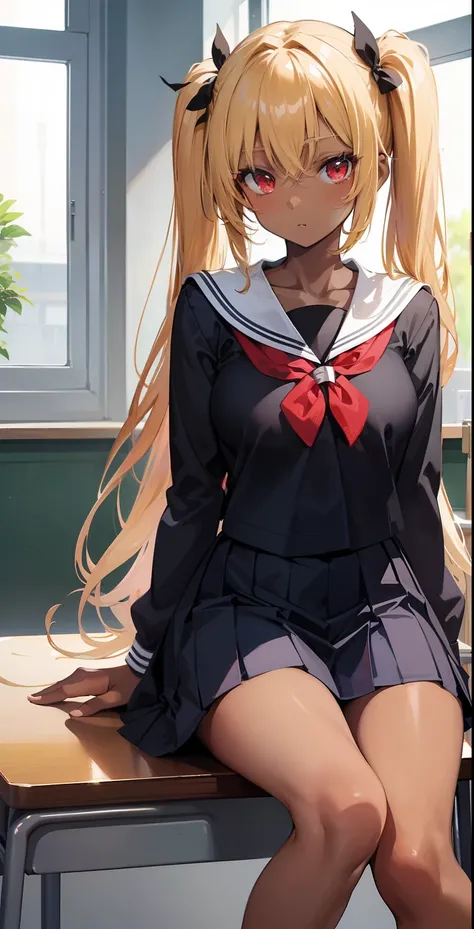 (masterpiece: 1.2, best quality), 1 lady, solo, school uniform, classroom, day, sit, blonde, twintails, red eyes, open collarbone, dark skin, (open breasts: 1.1),