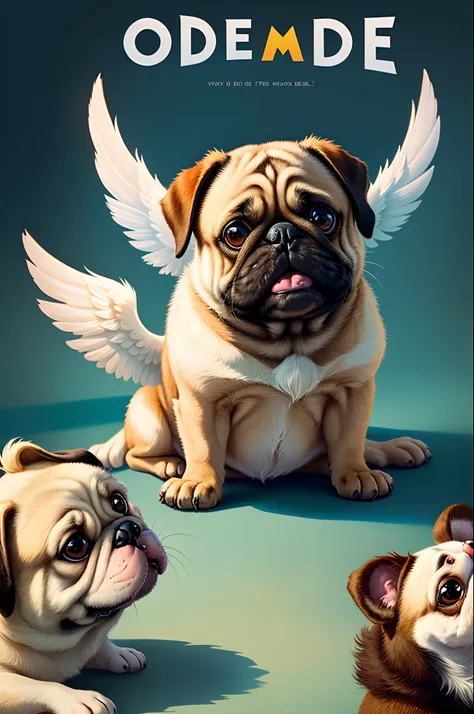 a Disney Pixar inspired movie poster
with the title Odie in the image a
Pug with angel wings