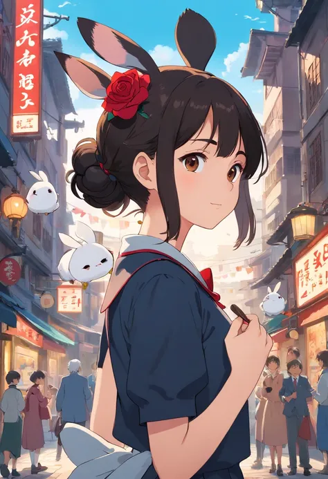 Brown-black hair, Black eyes, Fair skin, Goose egg face, Atmospheric facial features, Tall, Confident and powerful, Toned and plump, High school girls, school uniform, Coiled hair, hair-bun, With hairpins, Red rose, Blue butterfly, White rabbit, advertisin...