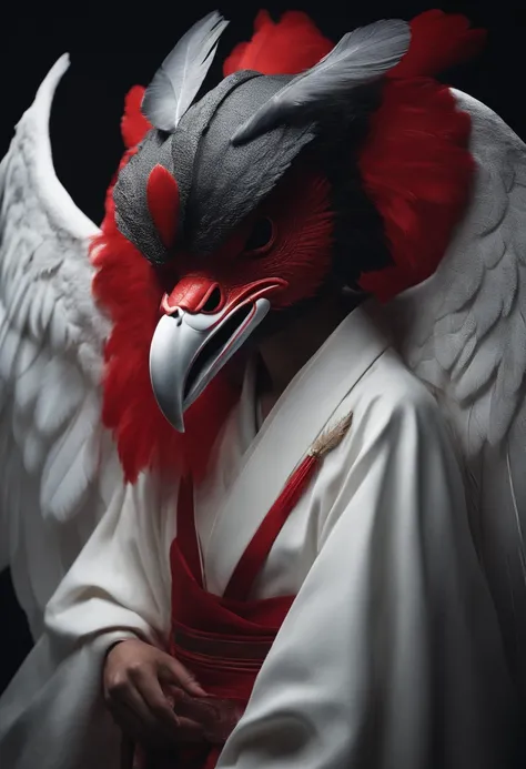 Japan myths, Making a tengu, Red Mask, long snout, Feather Hat, 8K, ultra-realism, Cinematic,Im wearing a white coat like a doctor would wear,Hair is black