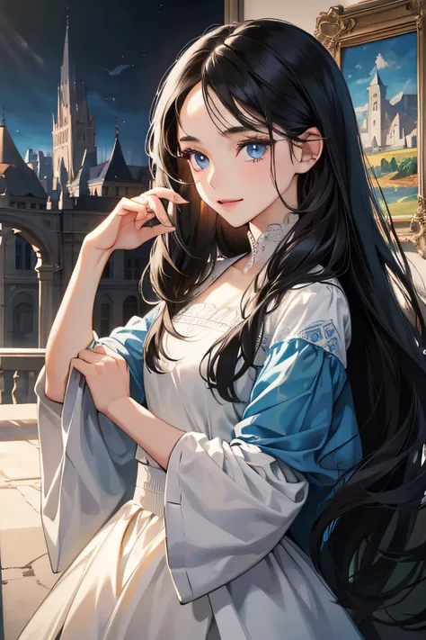 1 girl, high res, long black hair, blue eyes, wearing beautiful and modest dress, happy and elegant, painting on a canvas, ultrasharp, 8K, masterpiece, looking at the canvas