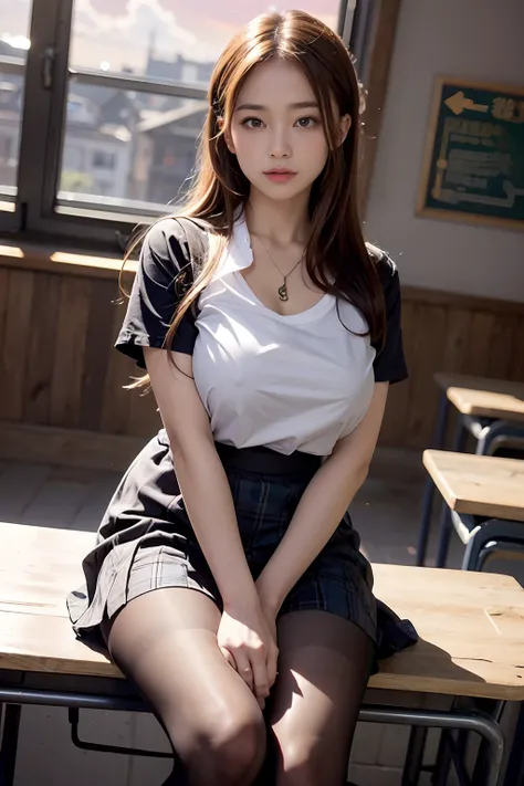 top-quality, ​masterpiece, high-detail, 16k picture quality, Beautiful schoolgirl, Light brown super long hair, beautiful eyes of light brown, 校服, White blouses, Fancy embroidery_White blouses, White panties seen through pantyhose, plump big breasts, huge ...