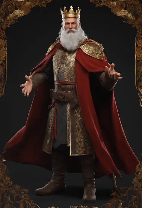 A Character Dynamic Full Body Shot Pose,Medieval Age Strong 43-year-old men with white hair and beard wear Crown Coat with black dots of skin THUMBS UP, Rey Midas usando un videojuego , character sheet, fondo blanco --ar 3:2,Poses de personajes