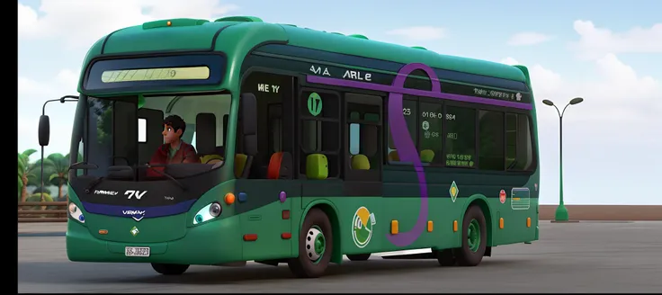 Um onibus verde numa paisagem bonida no estilo disney pixar, alta qualidade,  melhor qualidade