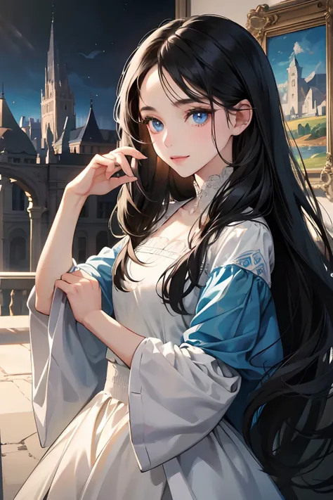 1 girl, high res, long black hair, blue eyes, wearing beautiful and modest dress, happy and elegant, painting on a canvas, ultrasharp, 8K, masterpiece, looking at the canvas