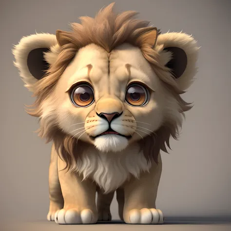 happy, furry, cute baby lion with big eyes looking straight at you Real 3D rendering, Pixar style, 32k, full body photo, light brown background