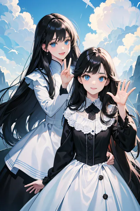 2 twin girls, high res, long black hair, blue eyes, wearing beautiful and modest white and black dress, happy and excited, waving, ultrasharp, 8K, masterpiece, looking at the viewer