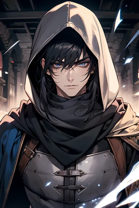 male, straight hair with bangs, black hair, blue-grey eyes, beautiful face, handsome, tattoos, hooded scarf, rogue mage, medieval times