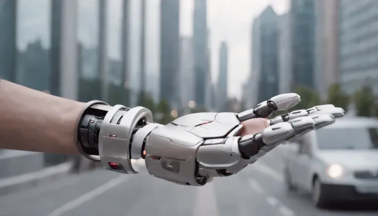 Robot delivering flyer in human hand in modern futuristic city, Imagem hiper-realista Full HD, 4k.